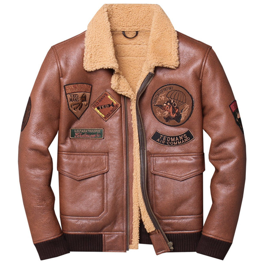 Men Aviator Brown Genuine Sheepskin  Patch Faux Fur  Bomber Leather Jacket