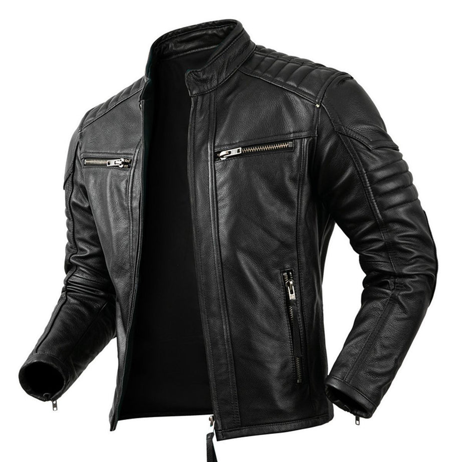 Men Smooth Black Genuine Leather Biker Stand Collar Quilted Shoulders Crossover Casual Motorcycle Rider Slim Fit Leather Jacket