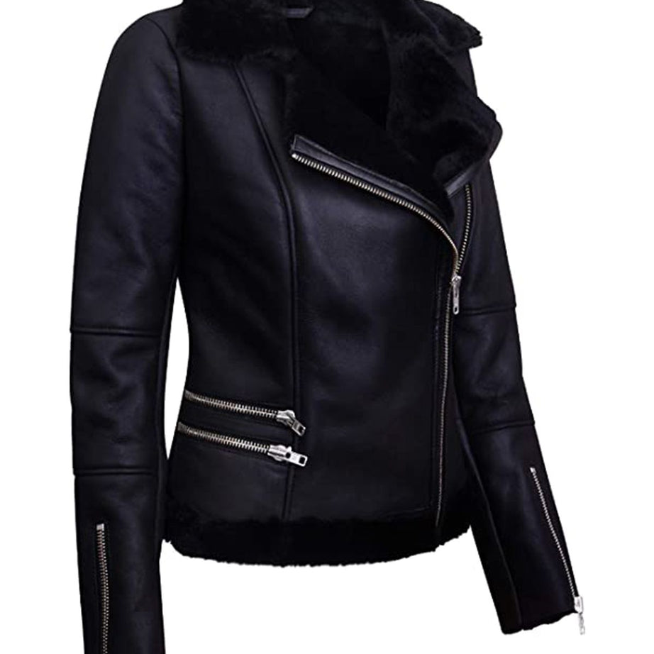 Women Fur Collar Black Biker Aviator Style Jacket