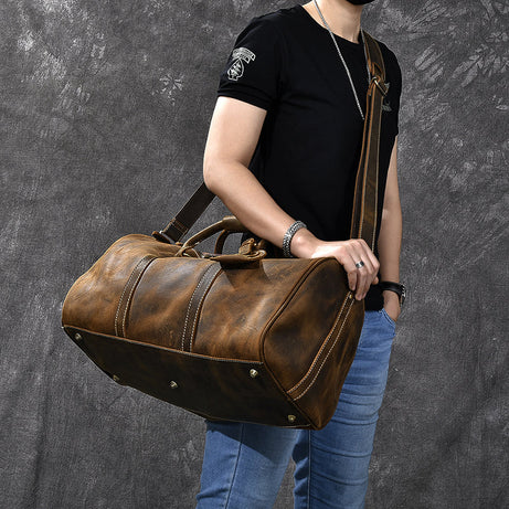 Crazy Horse Vintage Brown Leather Men Duffle Bag Large Travel Bags With Shoes Compartment Weekend Bags by Leather Warrior