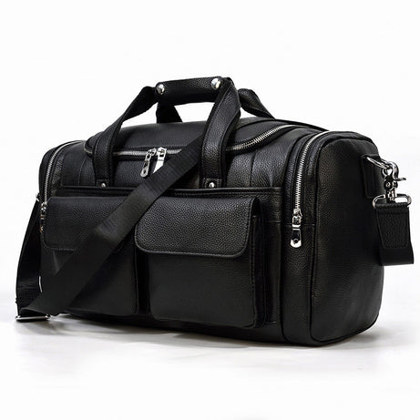 Full Grain Leather Large Travel Bag, Black Large Capacity Cowhide Leather Duffle Bag, Mens Shoulder Weekender Bag by Leather Warrior
