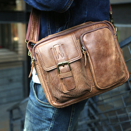 Retro Brown Men Messenger Bags Full Grain Leather Tote Shoulder Bags Crossbody Bags by Leather Warrior