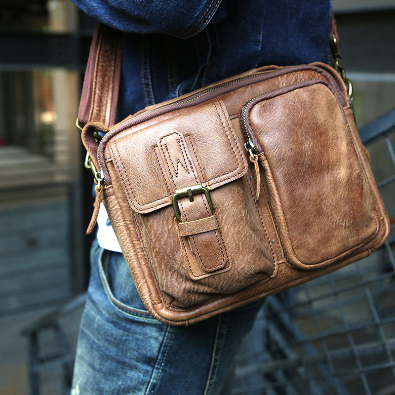 Retro Brown Men Messenger Bags Full Grain Leather Tote Shoulder Bags Crossbody Bags by Leather Warrior