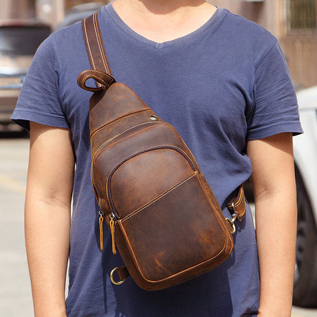 Crazy Horse Leather Chest Pack Handmade Chest Bags Light Brown Casual Shoulder Travel Bags For Men by Leather Warrior