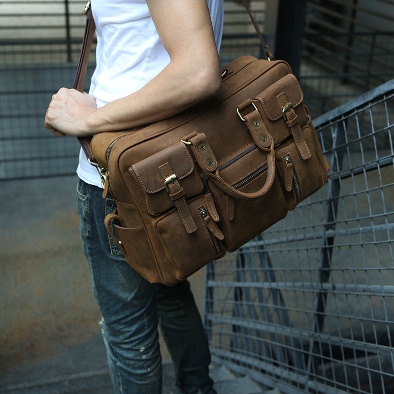 Crazy Horse Brown Leather Shoulder Bag Retro Tote Bag Large Capacity Messenger Bag by Leather Warrior