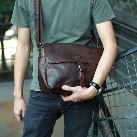 Men Coffee Messenger Bag Full Grain Leather Shoulder Bag Postman Bag by Leather Warrior