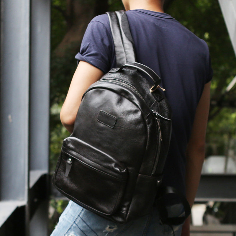 Full Grain Leather Men Travel Backpack Retro Laptop Backpack School Backpack in Black by Leather Warrior