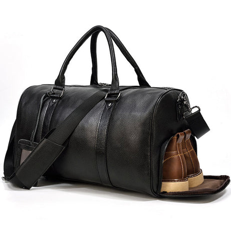 Full Grain Leather Travel Bags With Shoes Compartment, Cowhide Leather Duffle Bags, Overnight Black Leather Bag