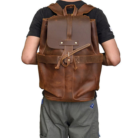 Crazy Horse Brown Leather Travel Backpack Retro Style Full Grain Leather Laptop Backpack For Men by Leather Warrior