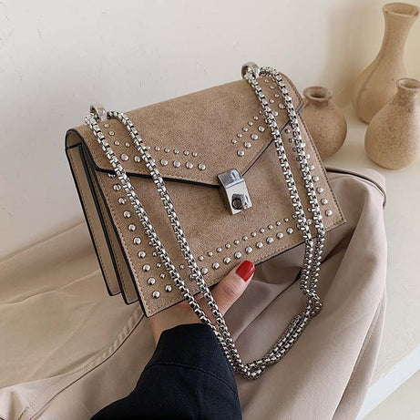 Simple Chain Rivet Shoulder Leather Bag For Women