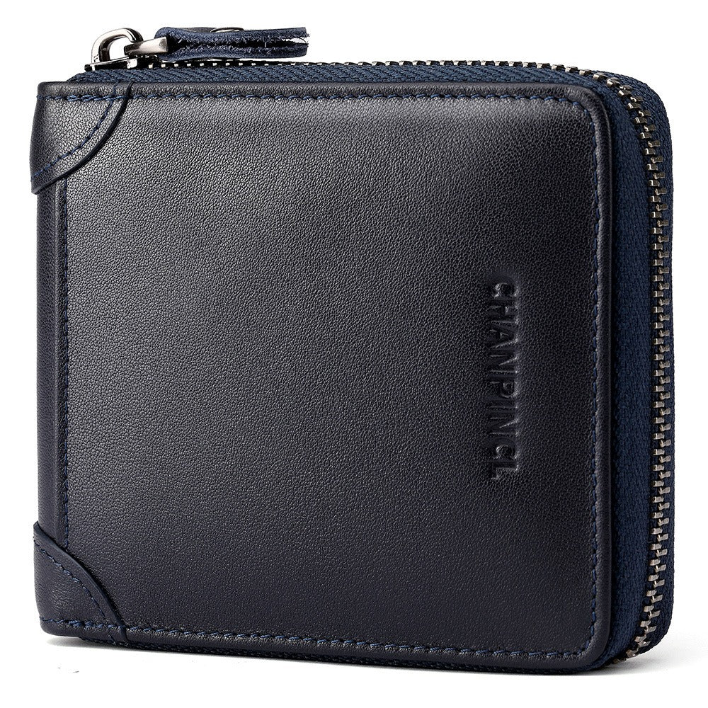 Multifunction Men's Horizontal Zipper Blue Leather Wallet by Leather Warrior