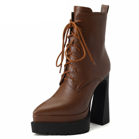 Lace-up and Side Zipper Leather Heel For Women