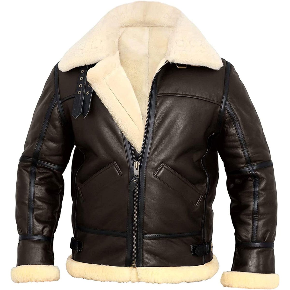 Men Bomber Aviator Real Cream Fur Shearling Genuine Leather Brown Jacket For Winter