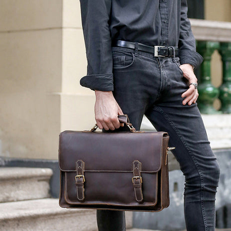 Vintage Style Full Grain Crazy Horse Leather Laptop Bags, Messenger Bags, Dark Brown Leather Briefcases by Leather Warrior
