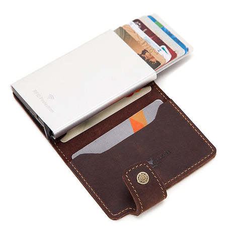 Automatic Pop-Up RFID Coffee Leather Credit Card Holder by Leather Warrior