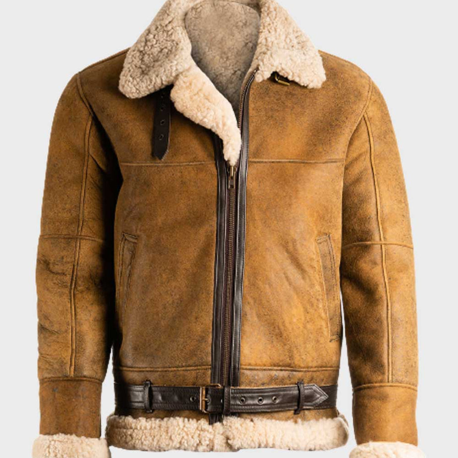 Aviator Brown Bomber Vintage Sheepskin Men Shearling Leather Jacket