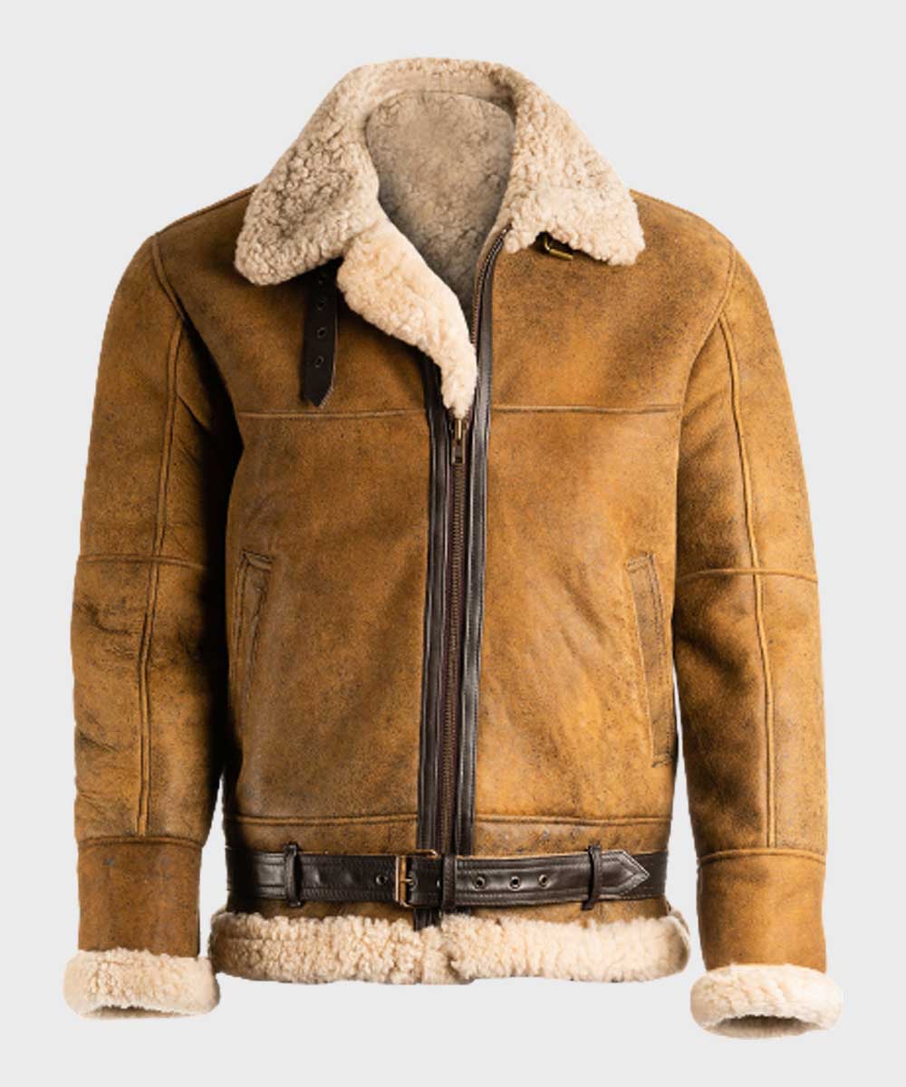 Aviator Brown Bomber Vintage Sheepskin Men Shearling Leather Jacket