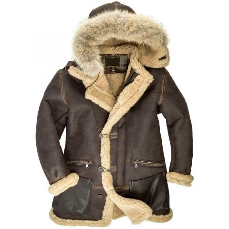 Aviator Brown Bomber Vintage With Hooded Sheepskin Men Parka Leather Jacket