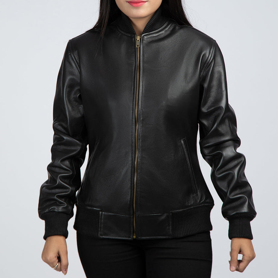 Casual Black Leather Bomber Women Jacket