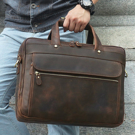 Crazy Horse Leather Briefcases High-Quality Dark Brown Leather Messenger Bags Men's Large Travel Shoulder Bags by Leather Warrior