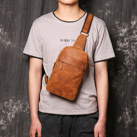 Crazy Horse Vintage Brown Leather Chest Packs Men Leather Shoulder Bags Handmade Leather Messenger Bags For Men