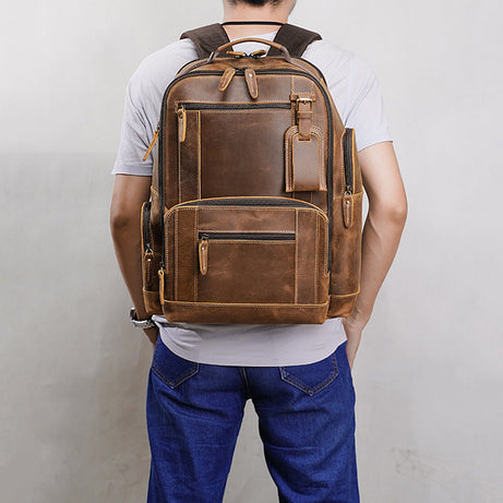 Crazy Horse Vintage Brown Leather Travel Backpacks Men Leather Laptop Backpacks Retro Leather Rucksacks