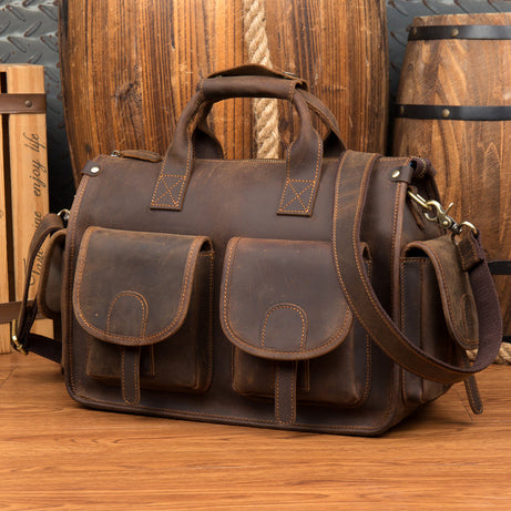 Crazy Horse Leather Briefcases Large Capacity Tote Bags Men Shoulder Bags Dark Brown Messenger Bags by Leather Warrior