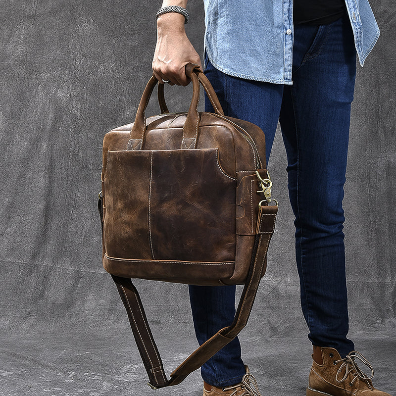 Crazy Horse Leather Large Briefcase Men Tote Bags Vintage Brown Shoulder Business Bags by Leather Warrior