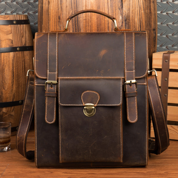 Crazy Horse Leather Men Backpack Dark Brown Multifunction Shoulder Messenger Bag Handmade Travel Backpack by Leather Warrior