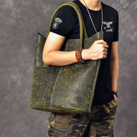 Crazy Horse Leather Men Tote Bag Large Capacity Shoulder Bag Shopping Bag