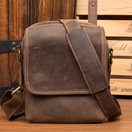 Crazy Horse Dark Brown Leather Men Shoulder Bags Retro Crossbody Bags Casual Satchel by Leather Warrior