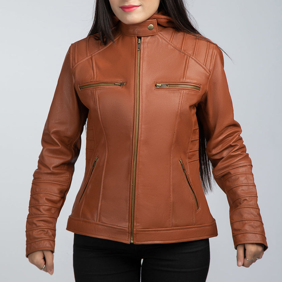 Elsa Brown Vintage Leather Jacket With Detachable Hood