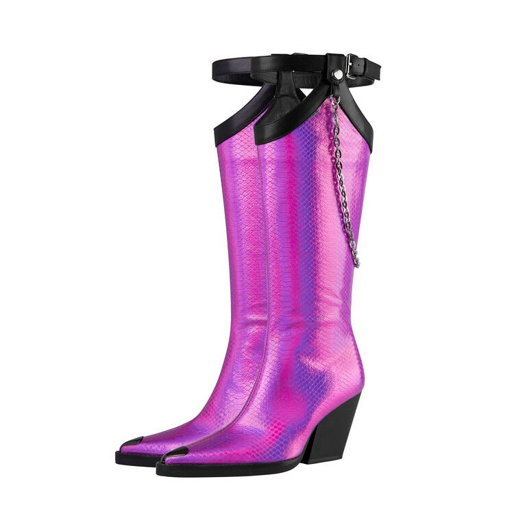 Printed Leather Knee High Heel For Women