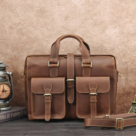 Full Grain Brown Leather Briefcases Handmade Laptop Briefcase Bags Messenger Bags Men's Vintage Shoulder Bags