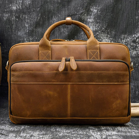 Full Grain Leather Briefcases Mens Retro Brown Leather Handmade Laptop Bags Messenger Bags