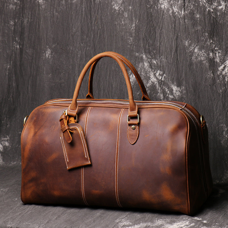 Full Grain Vintage Brown Leather Duffle Bags Retro Leather Weekender Bag Handmade Large Carry On Bag For Men