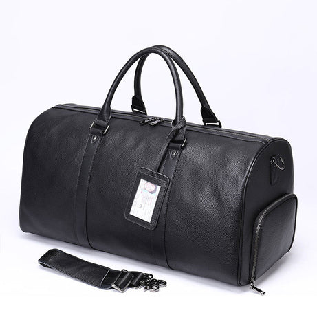 Full Black Grain Leather Duffle Bag With Shoes Compartment Casual Leather Travel Bag For Men