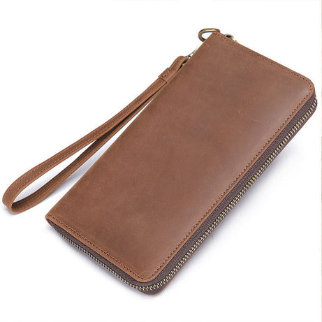 Full Grain Leather Men's Wallet Handmade Long Clutch Retro Men Leather Zipper Wallet