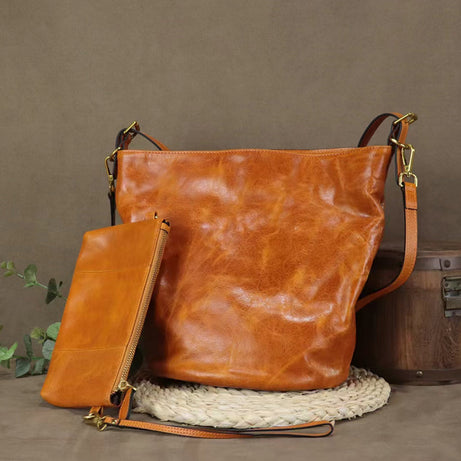 Full Grain Leather Messenger Bag For Women Handmade Women Shoulder Bag Retro Crossbody Bag With Clutch
