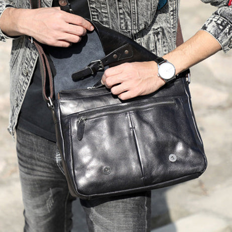 Full Grain Leather Messenger Bags Mens Black Leather Shoulder Bags Vintage Handmade Crossbody Bags Satchel