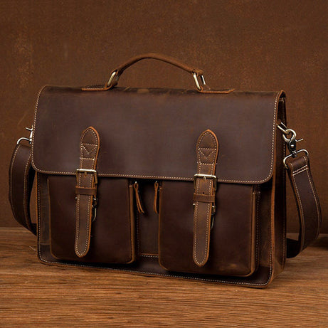 Dark Brown Handcrafted Top Grain Genuine Leather Laptop Briefcases Business Handbags Men Messenger Bags