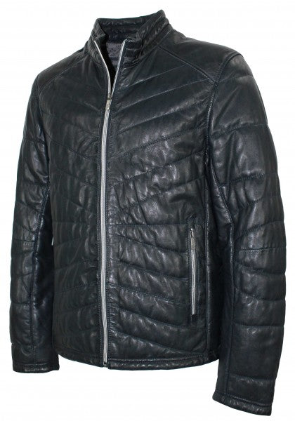 Men Quilted Lamb Leather Jacket in Dark Blue by Leather Warrior