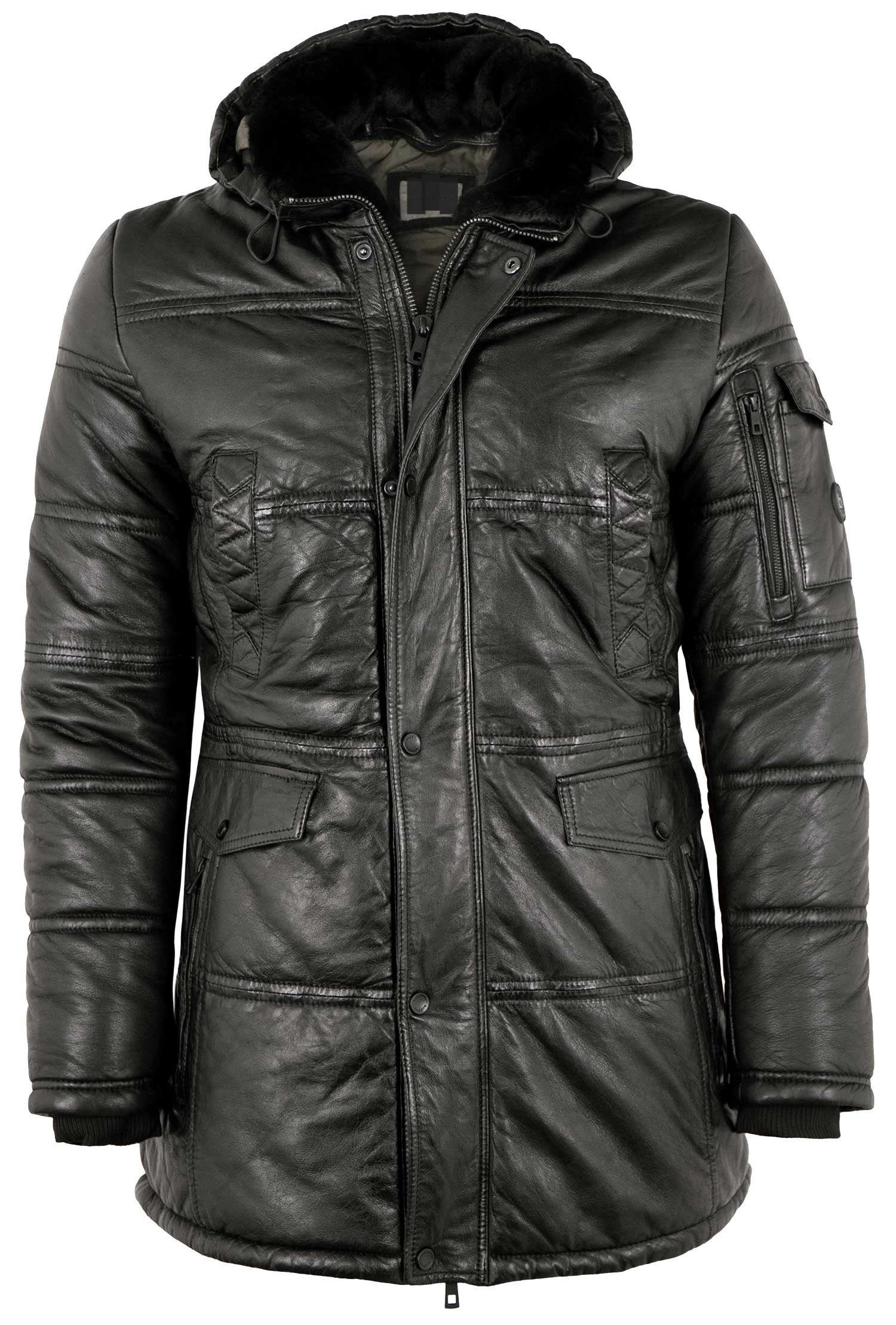 Men's Leather Coat Quilted Coat Hood Real Fur Lamb Black