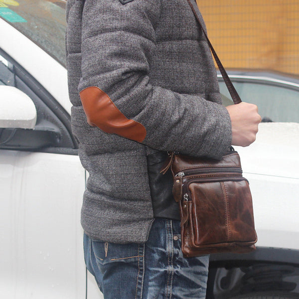 Men's Coffee Top Grain Genuine Leather Zipper Shoulder Bag, Vintage Leisure Small Messenger Bags by Leather Warrior 