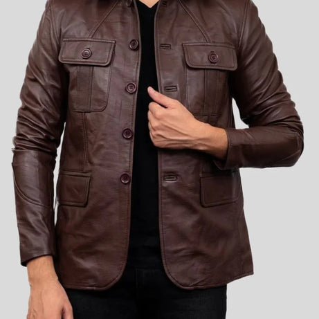 Men Brown Shirt collar Leather Blazer