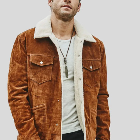 Men Trucker Tan Suede Leather Jacket by Leather Warrior