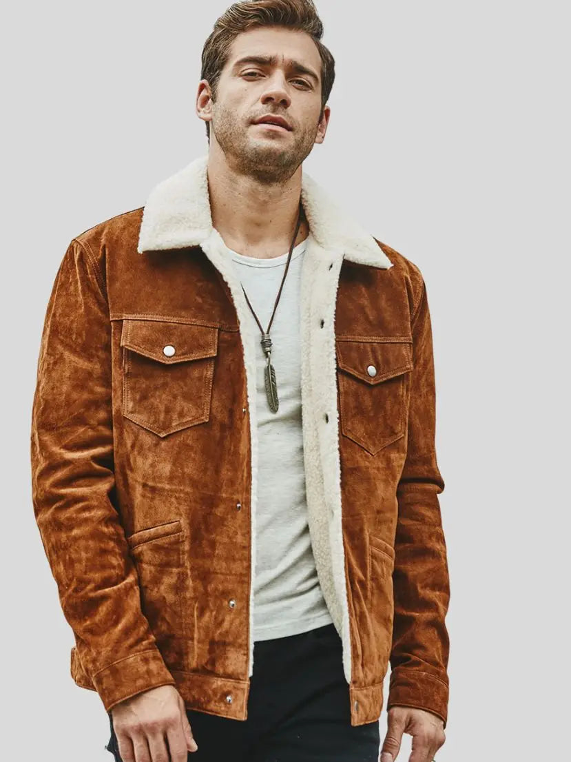 Men Trucker Tan Suede Leather Jacket by Leather Warrior