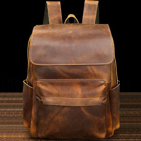 Crazy Horse Leather Men Brown Backpack Men Full Grain Leather School Backpack Retro Travel Backpack by Leather Warrior