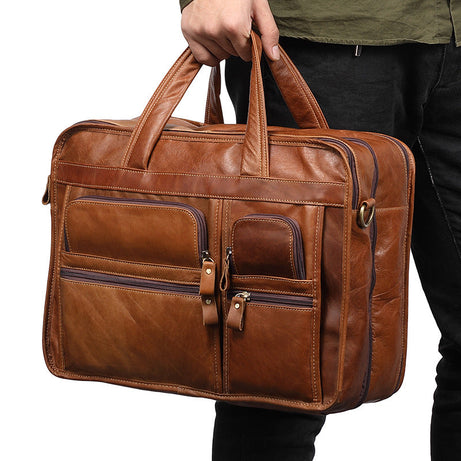 Handmade Full Grain Leather Briefcase Men's Large Travel Shoulder Business Bags Brown Handbags by Leather Warrior