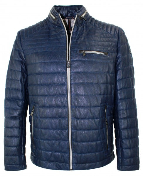 Men Quilted Blue Winter Leather Jacket by Leather Warrior